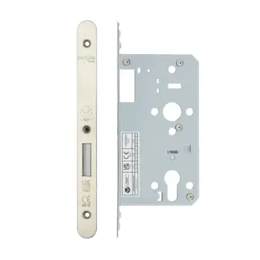 Click Here To Enlarge This Photo Of VDL0060-R-SSS - Zoo Hardware Vier DIN Euro Deadlock 60mm Backset with 2pc Radius Forend - Satin Stainless Steel Finish