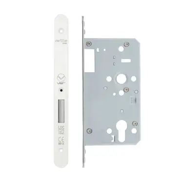 Click Here To Enlarge This Photo Of VDL0060-ST-R-PCW - Zoo Hardware Vier DIN Single Throw Euro Deadlock 60mm Backset with 2pc Radius Forend - Powder Coated White Finish