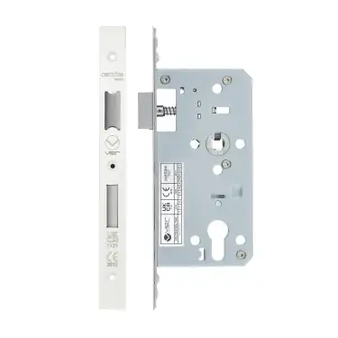 Click Here To Enlarge This Photo Of VDL7255-PCW - Zoo Hardware Vier DIN Euro Sashlock 55mm Backset (72mm Centres) with 2pc Square Forend - Powder Coated White Finish