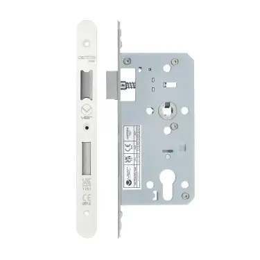 Click Here To Enlarge This Photo Of VDL7255-R-PCW - Zoo Hardware Vier DIN Euro Sashlock 55mm Backset (72mm Centres) with 2pc Radius Forend - Powder Coated White Finish