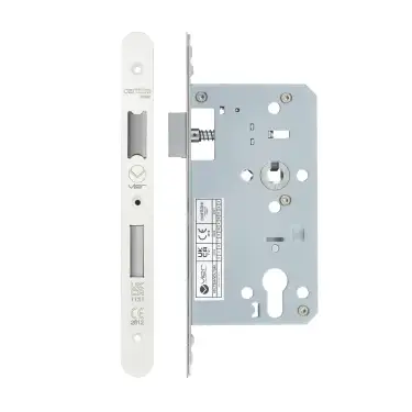 Click Here To Enlarge This Photo Of VDL7260-R-PCW - Zoo Hardware Vier DIN Euro Sashlock 60mm Backset (72mm Centres) with 2pc Radius Forend - Powder Coated White Finish