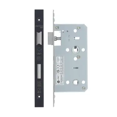 Click Here To Enlarge This Photo Of VDL7855-PCB - Zoo Hardware Vier DIN Bathroom Lock 55mm Backset (78mm Centres) with 2pc Square Forend - Powder Coated Black Finish