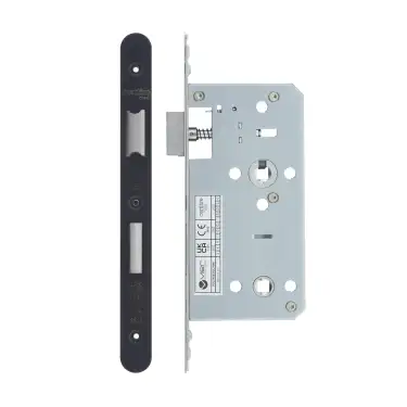 Click Here To Enlarge This Photo Of VDL7855-R-PCB - Zoo Hardware Vier DIN Bathroom Lock 55mm Backset (78mm Centres) with 2pc Radius Forend - Powder Coated Black Finish