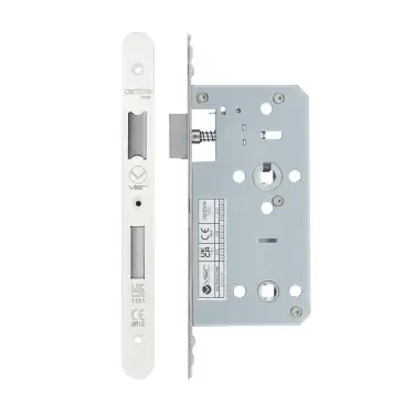 Click Here To Enlarge This Photo Of VDL7855-R-PCW - Zoo Hardware Vier DIN Bathroom Lock 55mm Backset (78mm Centres) with 2pc Radius Forend - Powder Coated White Finish