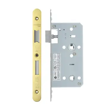 Click Here To Enlarge This Photo Of VDL7855-R-PVDG - Zoo Hardware Vier DIN Bathroom Lock 55mm Backset (78mm Centres) with 2pc Radius Forend - PVD Gold Finish