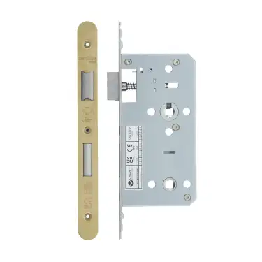 Click Here To Enlarge This Photo Of VDL7855-R-PVDSB - Zoo Hardware Vier DIN Bathroom Lock 55mm Backset (78mm Centres) with 2pc Radius Forend - PVD Satin Brass Finish