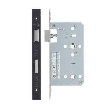 Click Here To Enlarge This Photo Of VDL7860-PCB - Zoo Hardware Vier DIN Bathroom Lock 60mm Backset (78mm Centres) with 2pc Square Forend - Powder Coated Black Finish