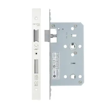 Click Here To Enlarge This Photo Of VDL7860-PCW - Zoo Hardware Vier DIN Bathroom Lock 60mm Backset (78mm Centres) with 2pc Square Forend - Powder Coated White Finish