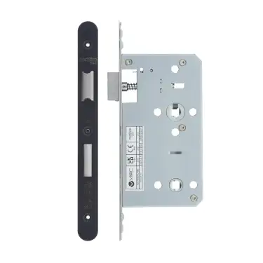 Click Here To Enlarge This Photo Of VDL7860-R-PCB - Zoo Hardware Vier DIN Bathroom Lock 60mm Backset (78mm Centres) with 2pc Radius Forend - Powder Coated Black Finish