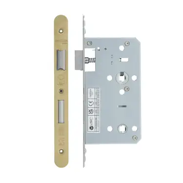 Click Here To Enlarge This Photo Of VDL7860-R-PVDSB - Zoo Hardware Vier DIN Bathroom Lock 60mm Backset (78mm Centres) with 2pc Radius Forend - PVD Satin Brass Finish