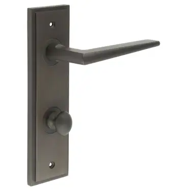 Click Here To Enlarge This Photo Of BUR-10DB-456DB-80DB Frelan Hardware Burlington 'Mayfair' Door Handles on 78mm DIN Bathroom Backplate with Dark Bronze Turn & Release (Inner 1)