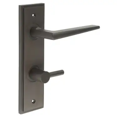 Click Here To Enlarge This Photo Of BUR-10DB-456DB-82DB Frelan Hardware Burlington 'Mayfair' Door Handles on 78mm DIN Bathroom Backplate with Dark Bronze Easy Turn & Release