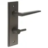 BUR-10DB-456DB-82DB Frelan Hardware Burlington 'Mayfair' Door Handles on 78mm DIN Bathroom Backplate with Dark Bronze Easy Turn & Release