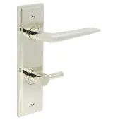 BUR-10PN-456PN-82PN Frelan Hardware Burlington 'Mayfair' Door Handles on 78mm DIN Bathroom Backplate with Polished Nickel Easy Turn & Release