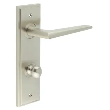 Click Here To Enlarge This Photo Of BUR-10SN-456SN-80SN Frelan Hardware Burlington 'Mayfair' Door Handles on 78mm DIN Bathroom Backplate with Satin Nickel Turn & Release (Inner 1)
