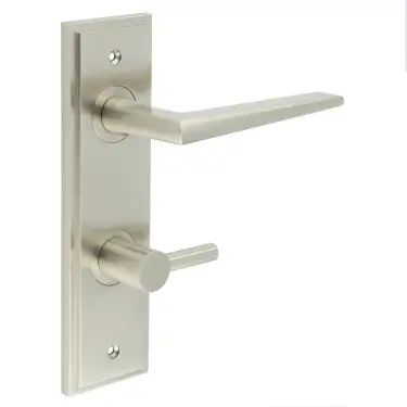 Click Here To Enlarge This Photo Of BUR-10SN-456SN-82SN Frelan Hardware Burlington 'Mayfair' Door Handles on 78mm DIN Bathroom Backplate with Satin Nickel Easy Turn & Release