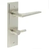 BUR-10SN-456SN-82SN Frelan Hardware Burlington 'Mayfair' Door Handles on 78mm DIN Bathroom Backplate with Satin Nickel Easy Turn & Release