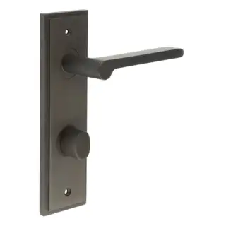 BUR-15DB-456DB-81DB Frelan Hardware Burlington 'Fitzrovia' Door Handles on 78mm DIN Bathroom Backplate with Dark Bronze Turn & Release (Inner 3)