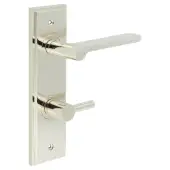BUR-15PN-456PN-82PN Frelan Hardware Burlington 'Fitzrovia' Door Handles on 78mm DIN Bathroom Backplate with Polished Nickel Easy Turn & Release