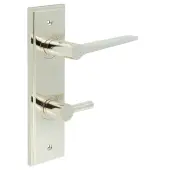 BUR-20PN-456PN-82PN Frelan Hardware Burlington 'Knightsbridge' Door Handles on 78mm DIN Bathroom Backplate with Polished Nickel Easy Turn & Release
