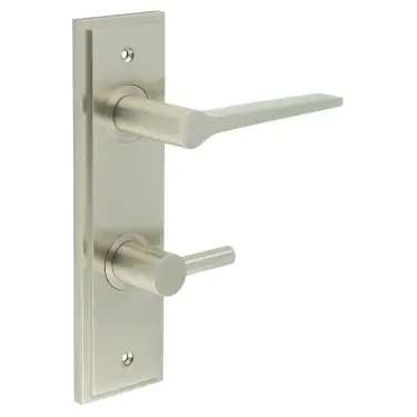 Click Here To Enlarge This Photo Of BUR-20SN-456SN-82SN Frelan Hardware Burlington 'Knightsbridge' Door Handles on 78mm DIN Bathroom Backplate with Satin Nickel Easy Turn & Release