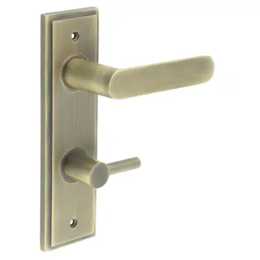 Click Here To Enlarge This Photo Of BUR-25AB-456AB-82AB Frelan Hardware Burlington 'Kensington' Door Handles on 78mm DIN Bathroom Backplate with Antique Brass Easy Turn & Release