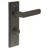 BUR-25DB-456DB-80DB Frelan Hardware Burlington 'Kensington' Door Handles on 78mm DIN Bathroom Backplate with Dark Bronze Turn & Release (Inner 1)