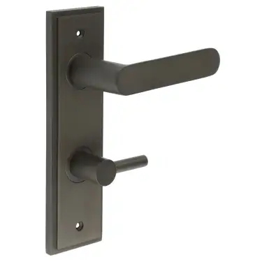 Click Here To Enlarge This Photo Of BUR-25DB-456DB-82DB Frelan Hardware Burlington 'Kensington' Door Handles on 78mm DIN Bathroom Backplate with Dark Bronze Easy Turn & Release