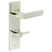 BUR-25PN-456PN-82PN Frelan Hardware Burlington 'Kensington' Door Handles on 78mm DIN Bathroom Backplate with Polished Nickel Easy Turn & Release