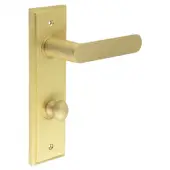 BUR-25SB-456SB-80SB Frelan Hardware Burlington 'Kensington' Door Handles on 78mm DIN Bathroom Backplate with Satin Brass Turn & Release (Inner 1)