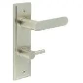 BUR-25SN-456SN-82SN Frelan Hardware Burlington 'Kensington' Door Handles on 78mm DIN Bathroom Backplate with Satin Nickel Easy Turn & Release
