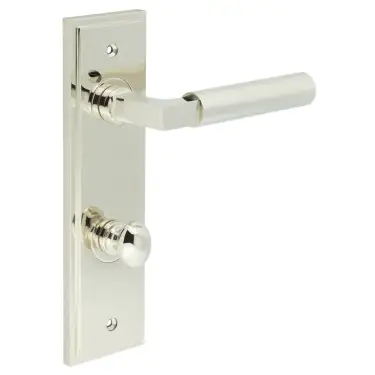 Click Here To Enlarge This Photo Of BUR-30PN-456PN-80PN Frelan Hardware Burlington 'Westminster' Door Handles on 78mm DIN Bathroom Backplate with Polished Nickel Turn & Release (Inner 1)