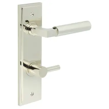 Click Here To Enlarge This Photo Of BUR-30PN-456PN-82PN Frelan Hardware Burlington 'Westminster' Door Handles on 78mm DIN Bathroom Backplate with Polished Nickel Easy Turn & Release
