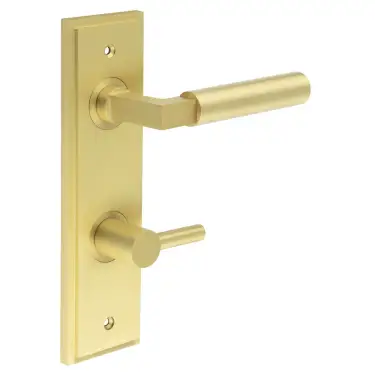 Click Here To Enlarge This Photo Of BUR-30SB-456SB-82SB Frelan Hardware Burlington 'Westminster' Door Handles on 78mm DIN Bathroom Backplate with Satin Brass Easy Turn & Release