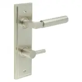 BUR-30SN-456SN-82SN Frelan Hardware Burlington 'Westminster' Door Handles on 78mm DIN Bathroom Backplate with Satin Nickel Easy Turn & Release