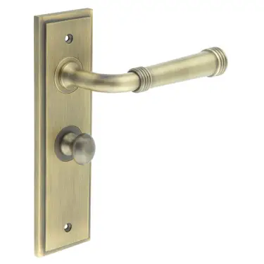 Click Here To Enlarge This Photo Of BUR-35AB-453AB-80AB Frelan Hardware Burlington 'Highgate' Door Handles on 57mm Bathroom Backplate with Antique Brass Turn & Release (Inner 1)