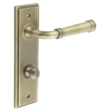 Click Here To Enlarge This Photo Of BUR-35AB-456AB-80AB Frelan Hardware Burlington 'Highgate' Door Handles on 78mm DIN Bathroom Backplate with Antique Brass Turn & Release (Inner 1)