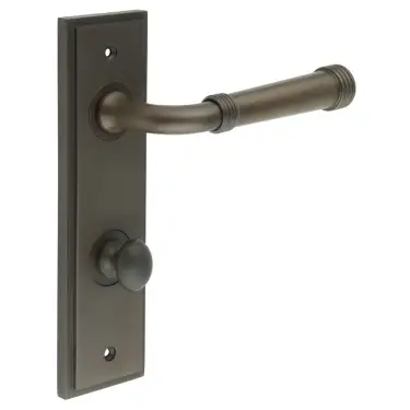 Click Here To Enlarge This Photo Of BUR-35DB-456DB-80DB Frelan Hardware Burlington 'Highgate' Door Handles on 78mm DIN Bathroom Backplate with Dark Bronze Turn & Release (Inner 1)