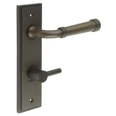 Click Here To Enlarge This Photo Of BUR-35DB-456DB-82DB Frelan Hardware Burlington 'Highgate' Door Handles on 78mm DIN Bathroom Backplate with Dark Bronze Easy Turn & Release