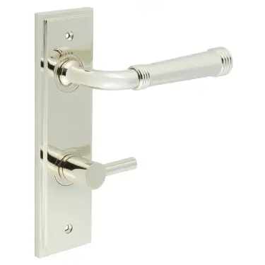 Click Here To Enlarge This Photo Of BUR-35PN-456PN-82PN Frelan Hardware Burlington 'Highgate' Door Handles on 78mm DIN Bathroom Backplate with Polished Nickel Easy Turn & Release