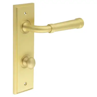 Click Here To Enlarge This Photo Of BUR-35SB-456SB-80SB Frelan Hardware Burlington 'Highgate' Door Handles on 78mm DIN Bathroom Backplate with Satin Brass Turn & Release (Inner 1)