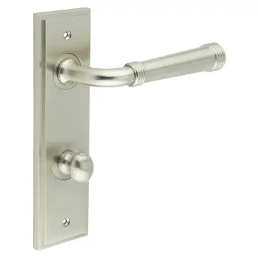 Click Here To Enlarge This Photo Of BUR-35SN-456SN-80SN Frelan Hardware Burlington 'Highgate' Door Handles on 78mm DIN Bathroom Backplate with Satin Nickel Turn & Release (Inner 1)