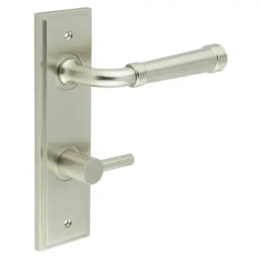 Click Here To Enlarge This Photo Of BUR-35SN-456SN-82SN Frelan Hardware Burlington 'Highgate' Door Handles on 78mm DIN Bathroom Backplate with Satin Nickel Easy Turn & Release