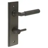 BUR-40DB-456DB-82DB Frelan Hardware Burlington 'Piccadilly' Door Handles on 78mm DIN Bathroom Backplate with Dark Bronze Easy Turn & Release