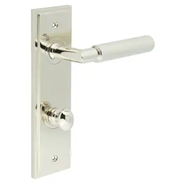 Click Here To Enlarge This Photo Of BUR-40PN-456PN-80PN Frelan Hardware Burlington 'Piccadilly' Door Handles Bathroom 78mm DIN Backplate with Polished Nickel Turn & Release (Inner 1)