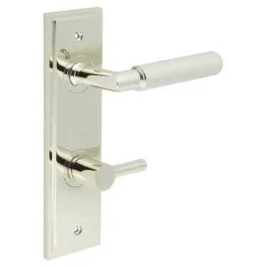 Click Here To Enlarge This Photo Of BUR-40PN-456PN-82PN Frelan Hardware Burlington 'Piccadilly' Door Handles Bathroom 78mm DIN Backplate with Polished Nickel Easy Turn & Release
