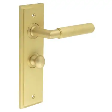 Click Here To Enlarge This Photo Of BUR-40SB-453SB-80SB Frelan Hardware Burlington 'Piccadilly' Door Handles on 57mm Bathroom Backplate with Satin Brass Turn & Release (Inner 1)