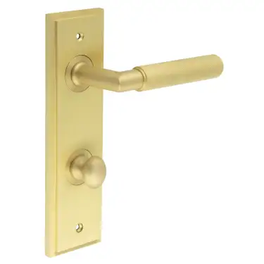Click Here To Enlarge This Photo Of BUR-40SB-456SB-80SB Frelan Hardware Burlington 'Piccadilly' Door Handles Bathroom 78mm DIN Backplate with Satin Brass Turn & Release (Inner 1)