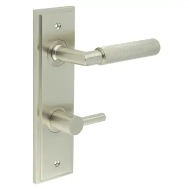 Click Here To Enlarge This Photo Of BUR-40SN-456SN-82SN Frelan Hardware Burlington 'Piccadilly' Door Handles on 78mm DIN Bathroom Backplate with Easy Satin Nickel Turn & Release
