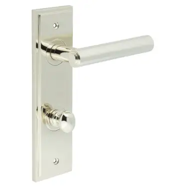 Click Here To Enlarge This Photo Of BUR-45PN-456PN-80PN Frelan Hardware Burlington 'Richmond' Door Handles on 78mm DIN Bathroom Backplate with Polished Nickel Turn & Release (Inner 1)